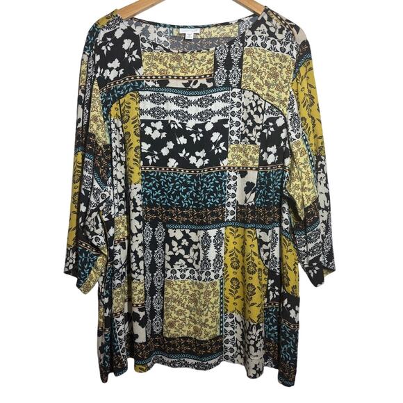 J. Jill Women 3X Yellow Black Gray Floral 3/4 Sleeve Patchwork Blouse Business - Picture 1 of 8